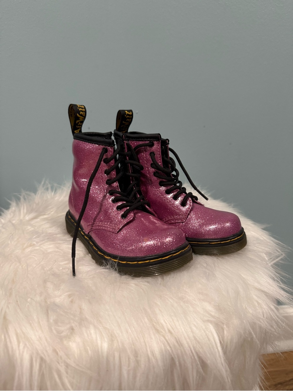 Dr. Martens Pink Glitter Lace-Up Boots with Black Trim